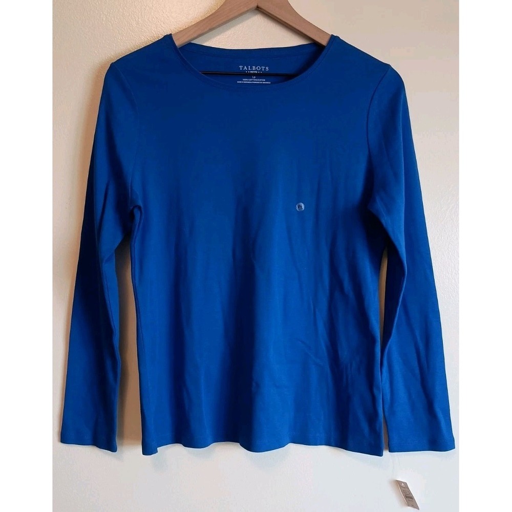 NWT Talbots Petite Large Cobalt Blue 100% Cotton Long Sleeve Tee